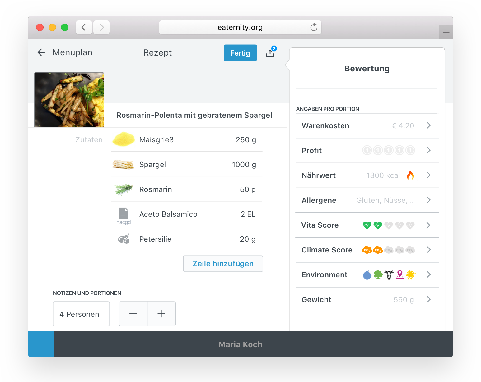 Eaternity App interface showing CO₂ emissions tracking, health scores, and recipe sustainability metrics