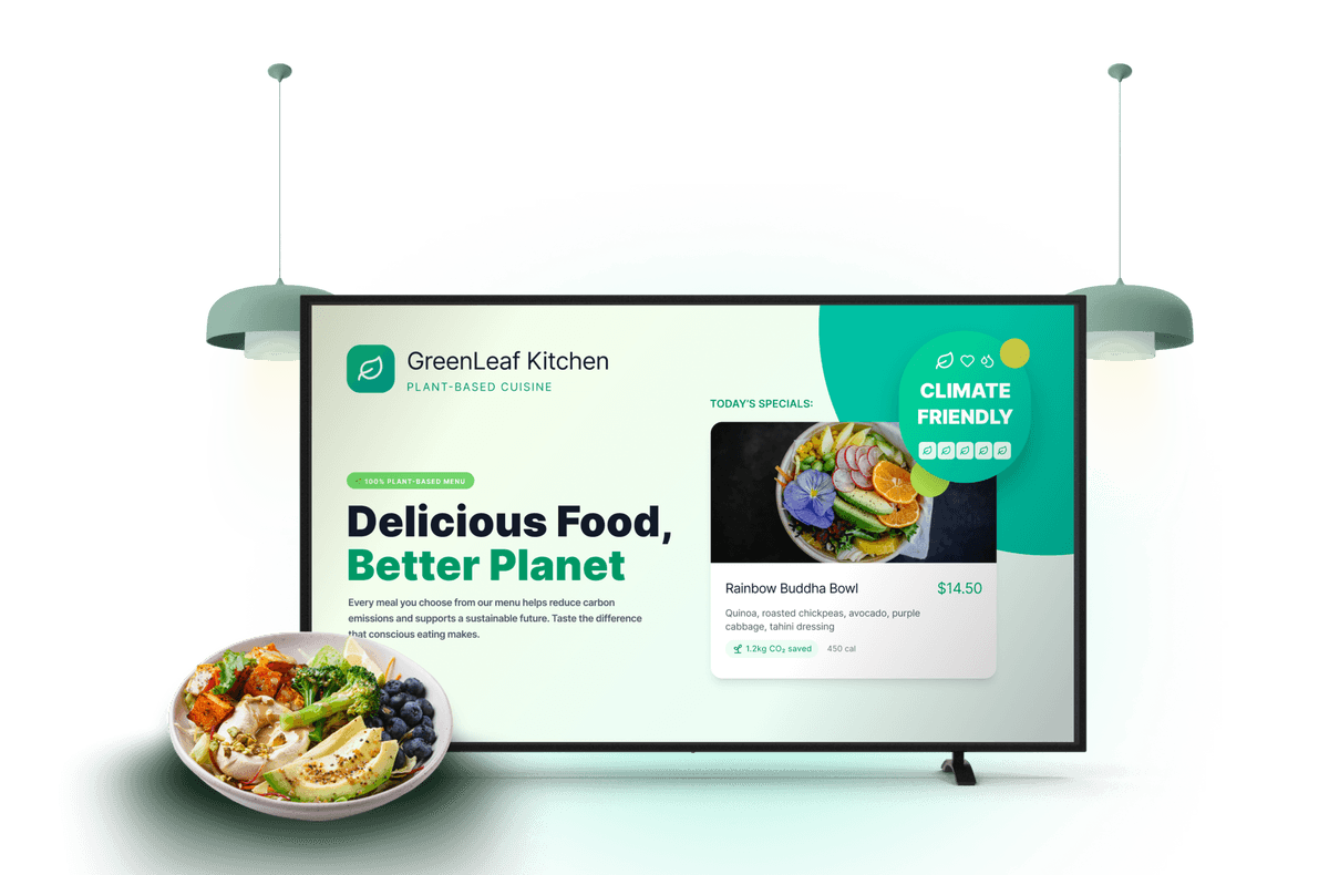Eaternity digital menu displays showing climate-friendly meals